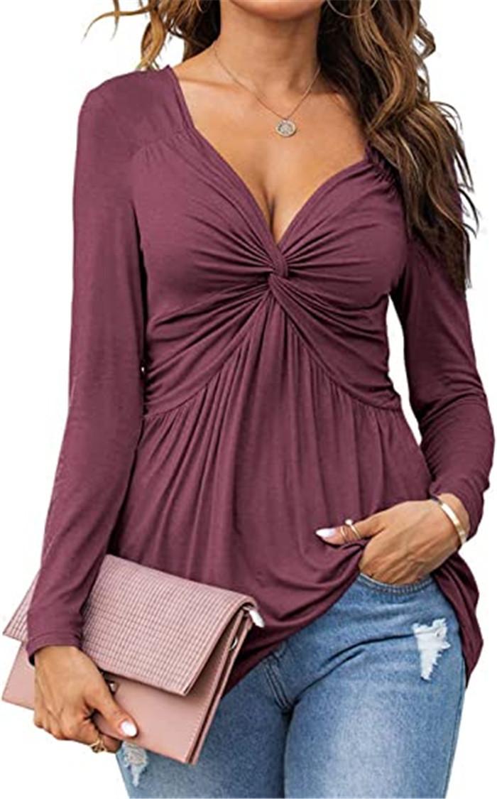 Womens V-neck Front-tie Blouse With Long Sleeves And A Pullover Design