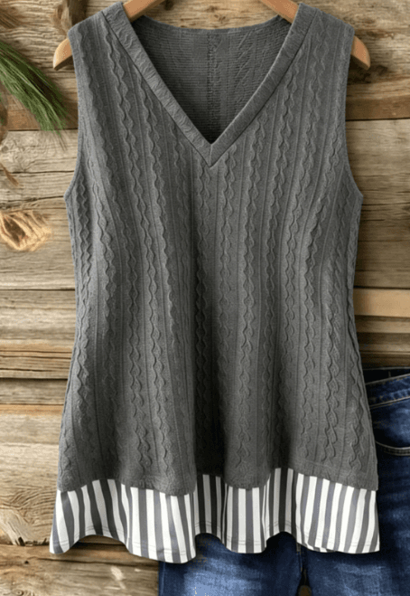 Charcoal Gray Cable Knit Striped Hem V-Neck Tank Top