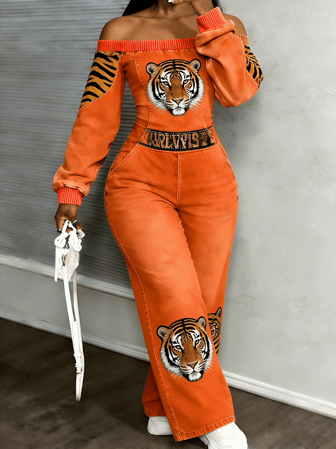 Orange Tiger Print Off-Shoulder Jumpsuit