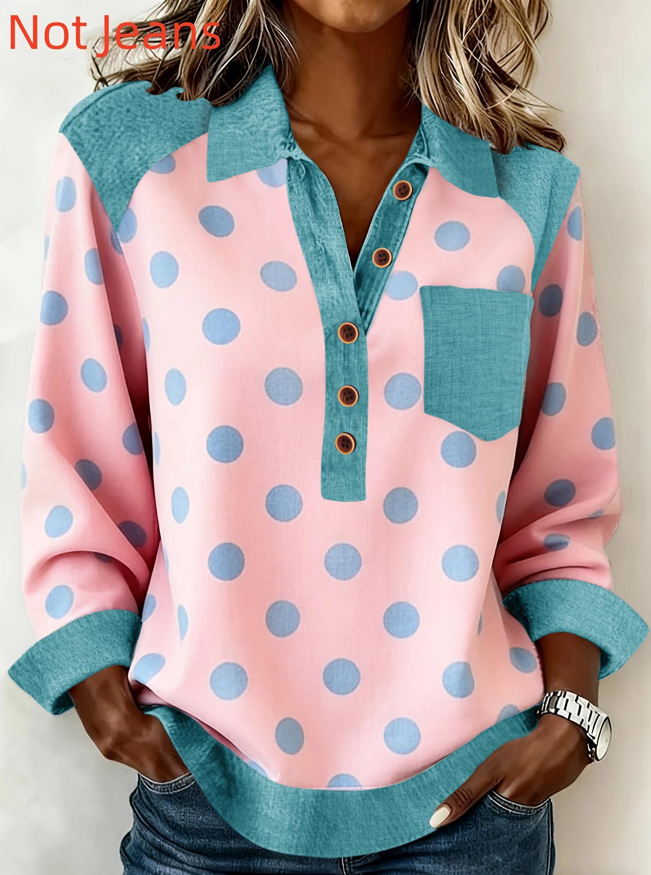 Denim Patchwork Collar Button-down Casual Long-sleeved Top