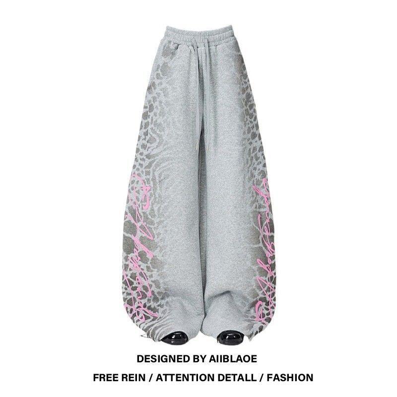 American-style Retro Leopard-print Letter-embossed Sweatpants
