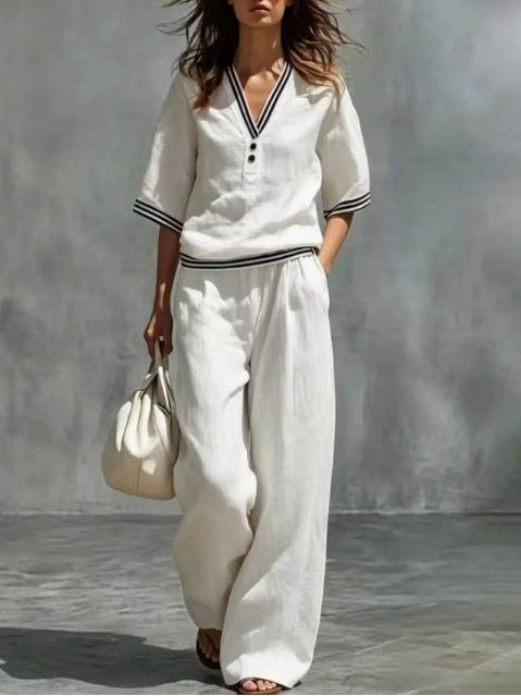 Cotton-Linen V-Neck Casual Comfortable Short-Sleeve Shirt And Pants Set