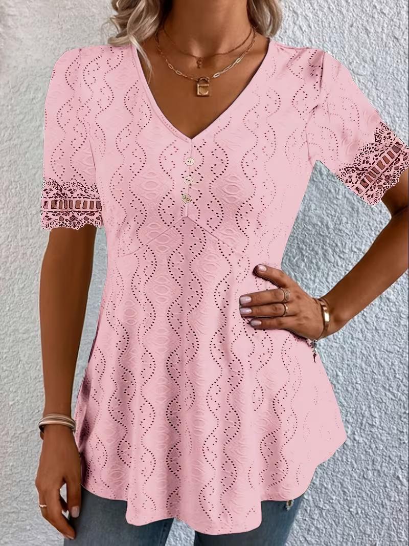Womens V-neck Jacquard Hollow-out Lace Top