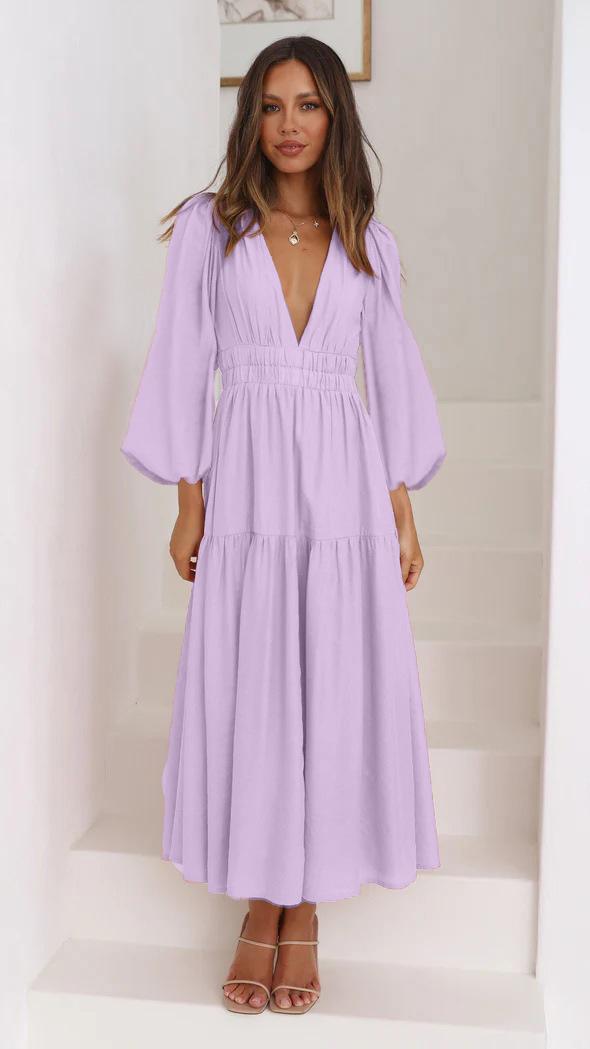 V-neck Waist-controlled Long Sleeves Dress Women