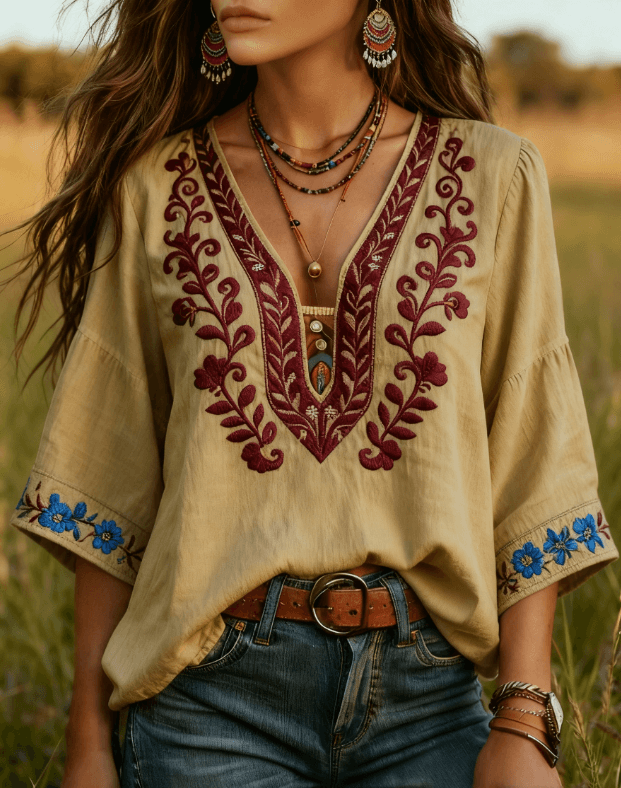Omen's Bohemian Retro Floral T-Shirt