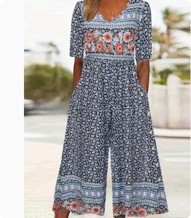 Spring And Summer Print Women's Pocket Collar Jumpsuit