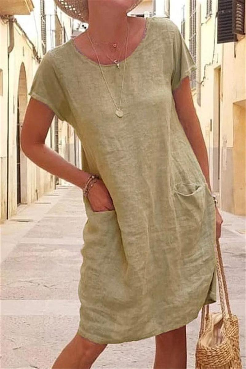 2026 Independent Site Wish New Summer Loose Solid Color Pocket Short-Sleeve Round-Neck  Dress For Women