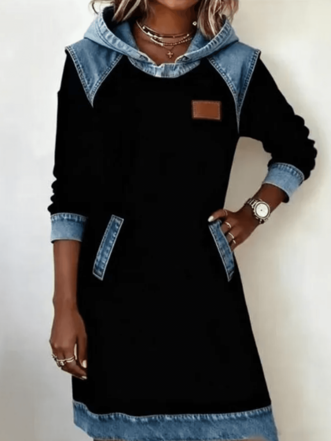 Casual Hooded Denim Color-block Loose Women's Long-sleeved Mid-length Sweatshirt Dress