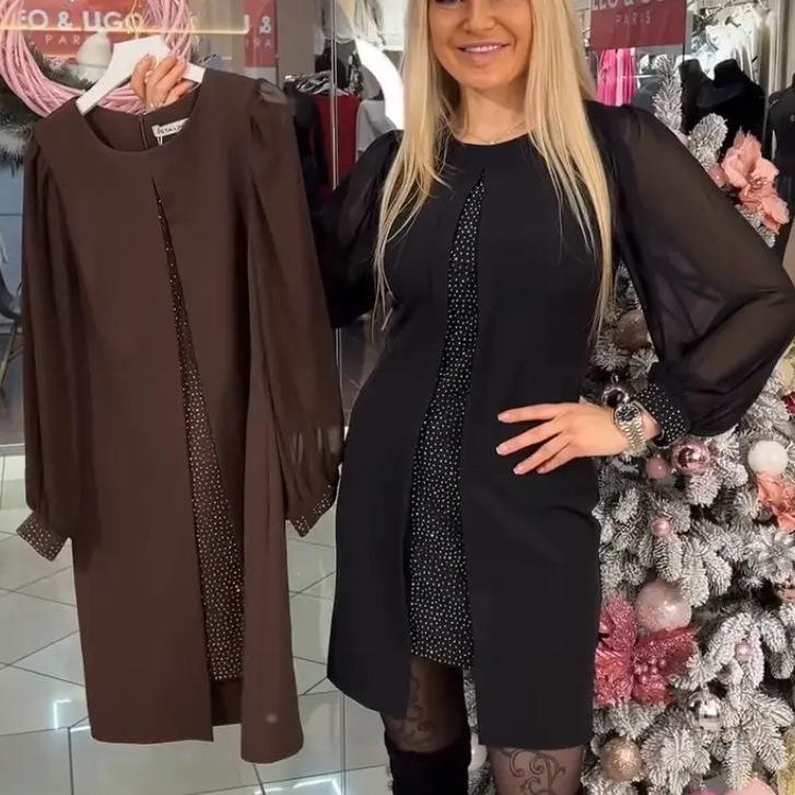 Fashion Round Neck Long Sleeve Rhinestone Stitching Dress