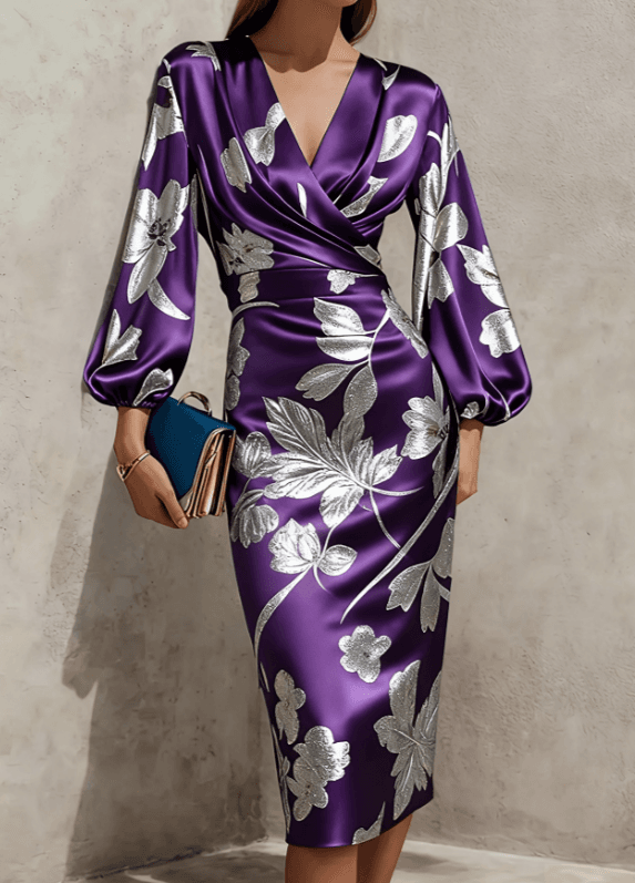 Women's Retro Floral V-Neck Puff Sleeve Slim Fit Dress