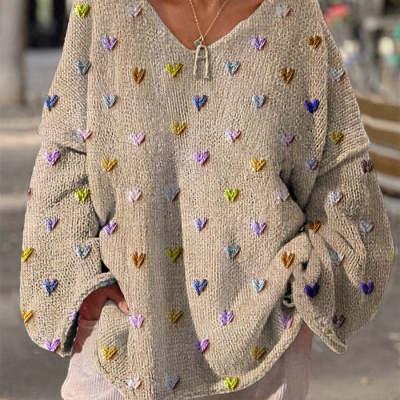Women's Autumn Winter Lazy Style Loose V-neck Printed Pullover
