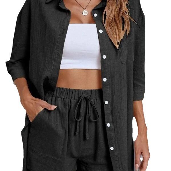 Solid-color Button-front Drop-shoulder Cardigan And Shirt Set