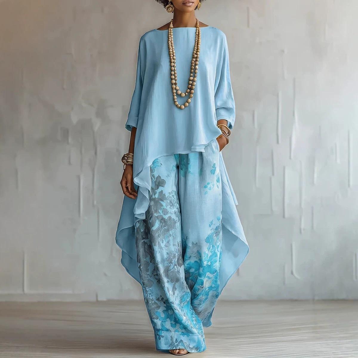 Cotton-Linen Fashion Solid-Color Top And Wide-Leg Pants Two-Piece Set