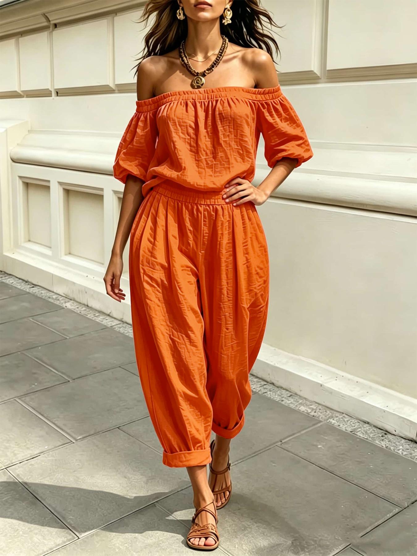 2026 New One Shoulder Bubble Sleeve Top And Elastic Waist Lantern Pants Set