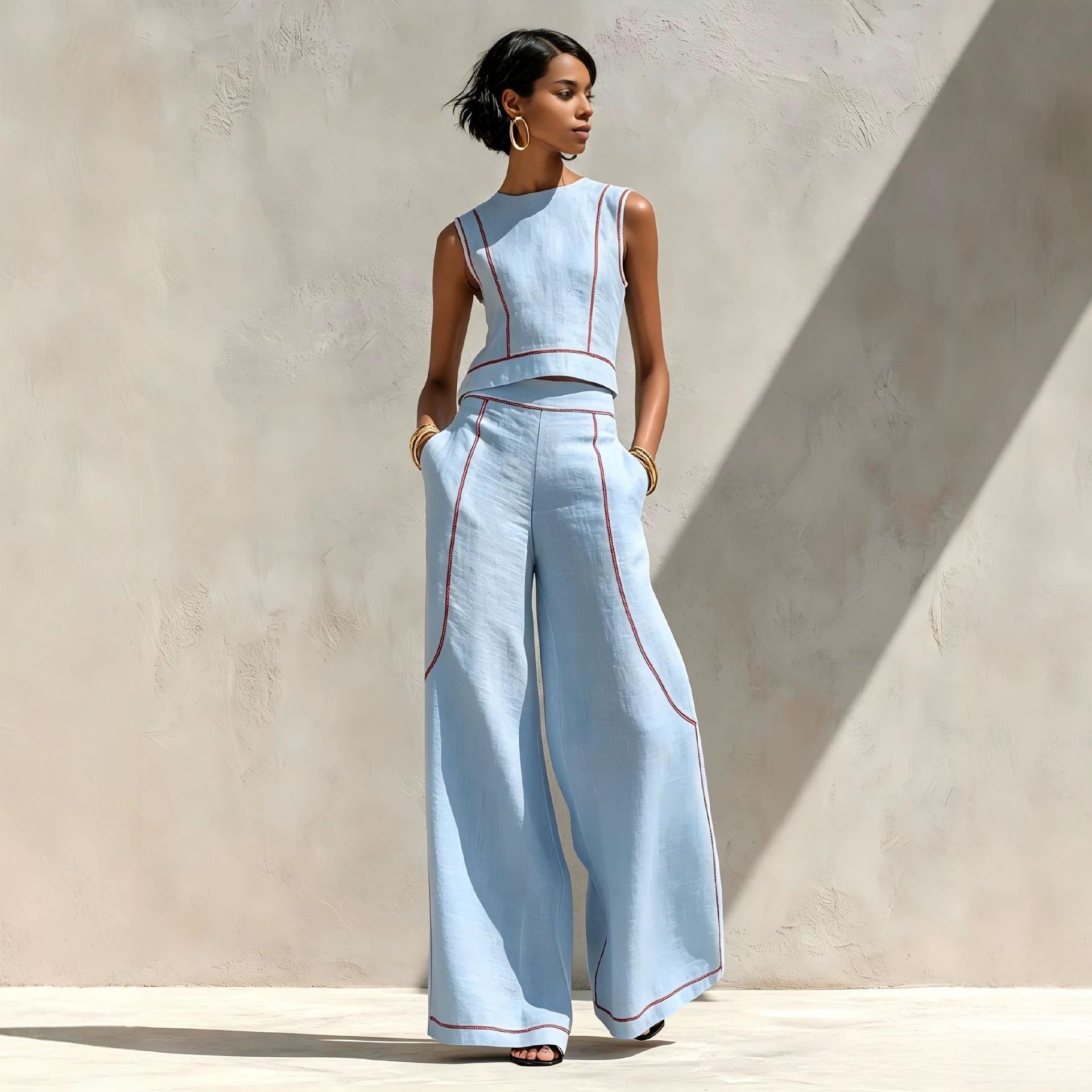 Sleeveless Color-Block Wide-Leg Pants Set Womens Summer Casual Chic Two-Piece Outfit