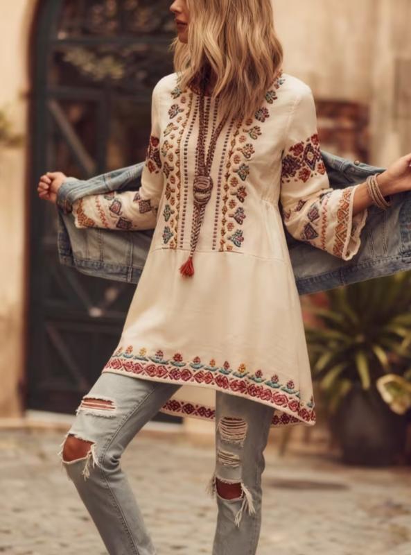 Ethnic Patterned Round Neck Bell Sleeve Casual Top