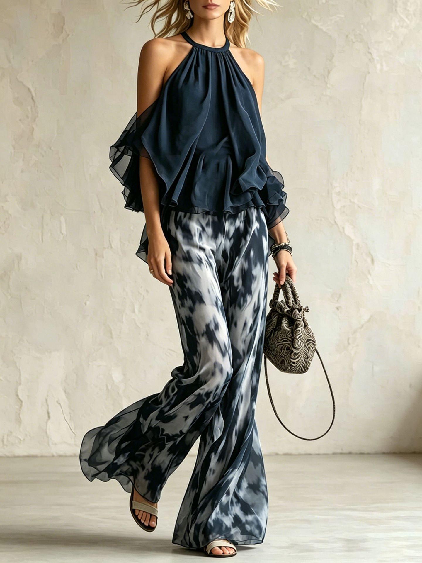 Sleeveless Halter-neck Top And Printed Wide-leg Pants Set