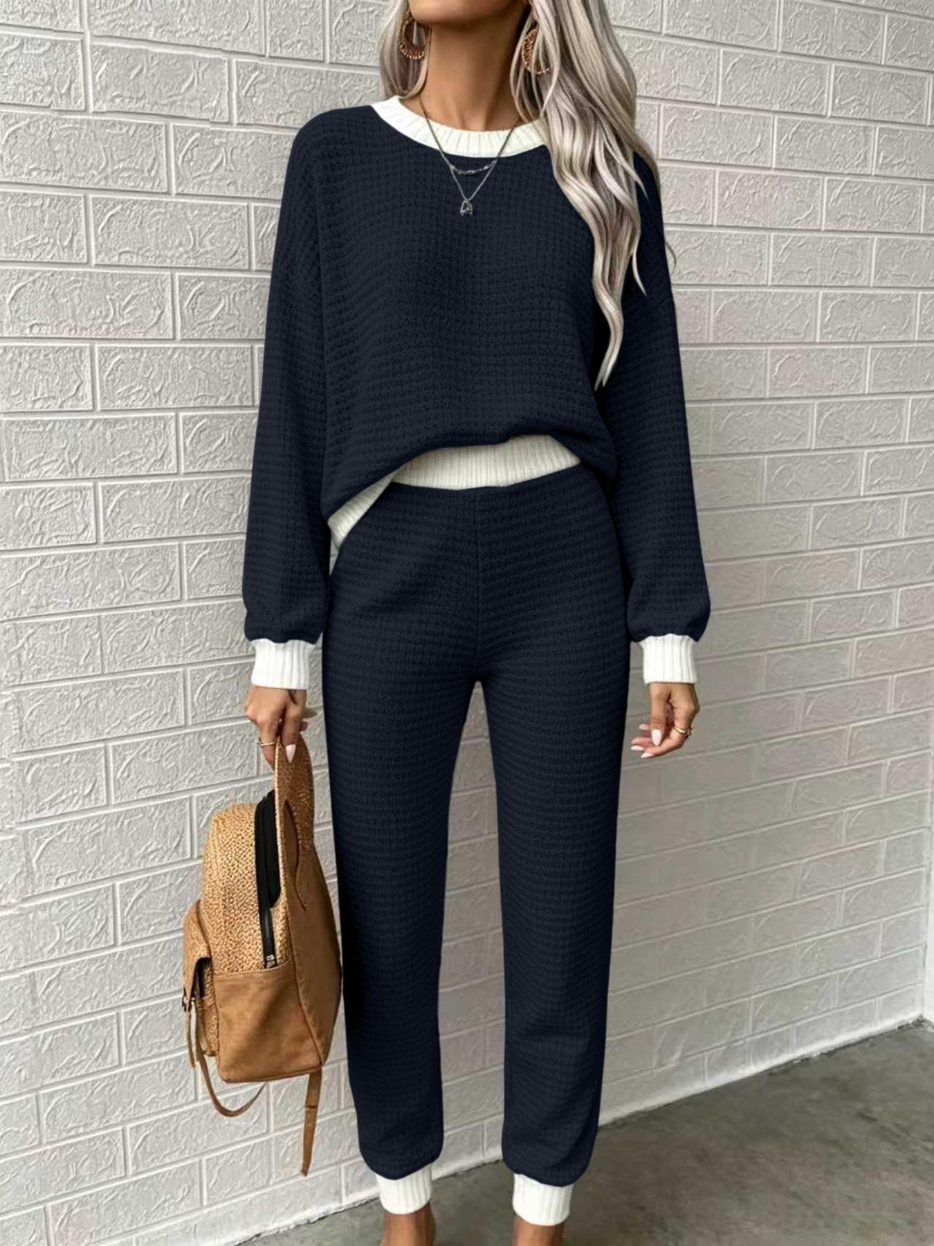 Womens Casual Waffle-Weave Drawstring Crew-Neck Sweatshirt And Pants Two-Piece Set