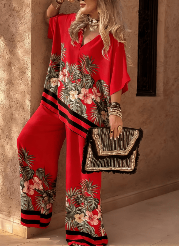 Printed Satin V-Neck Top & Wide-Leg Pants Set