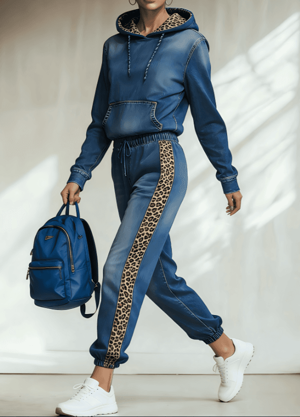 Leopard Print Patchwork Hooded Sweatshirt Set