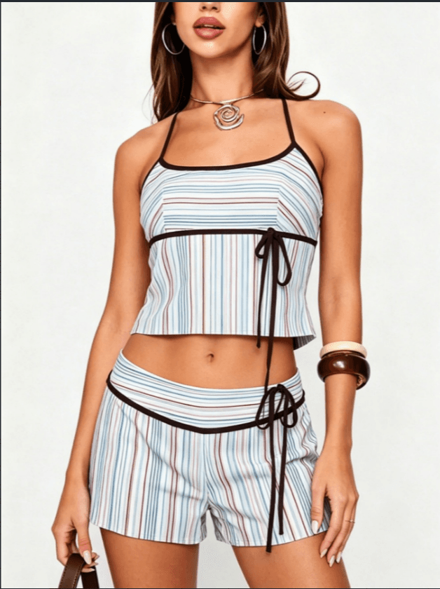 Contrast Trim Striped Halter Crop Tank And Tie Waist Mini Shorts Two Piece Set