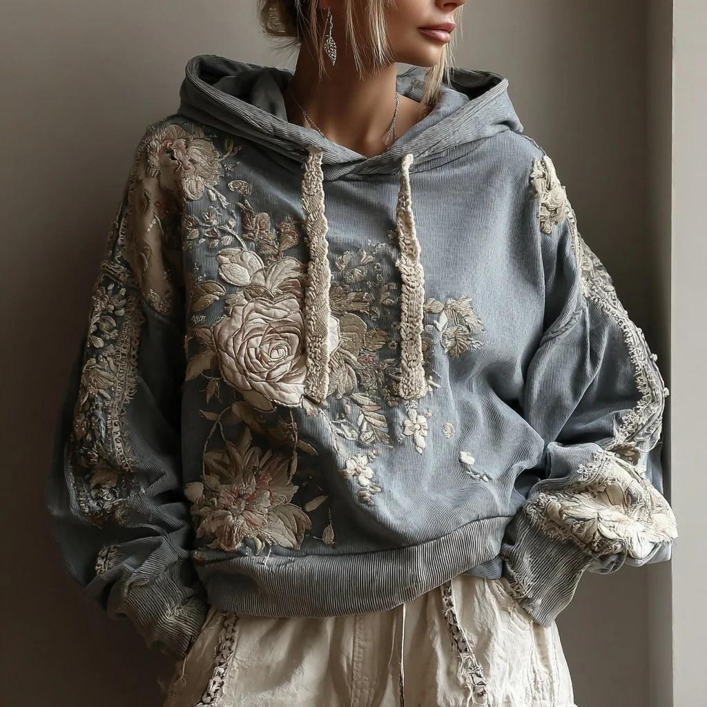 Plus-size Womens Printed Loose-fitting Hooded Sweatshirt
