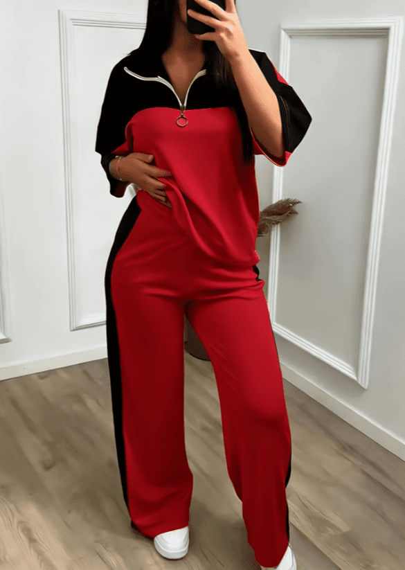 Color-block Stand-collar Short-sleeve Wide-leg Pants Two-piece Set