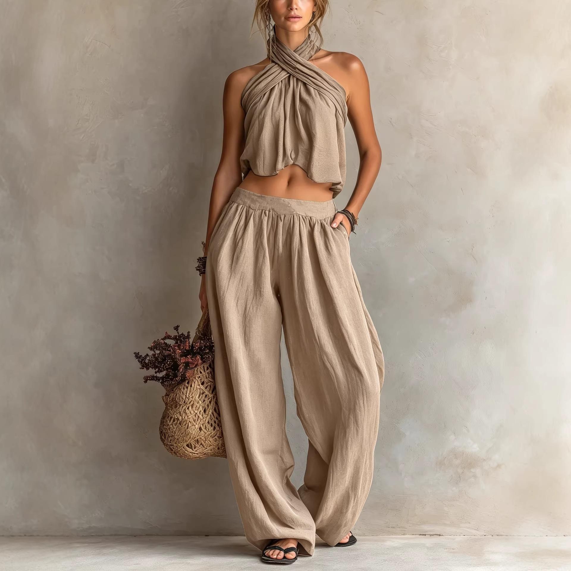 Womens Loose-Fit Sleeveless Top And Wide-Leg Pants Two-Piece Set