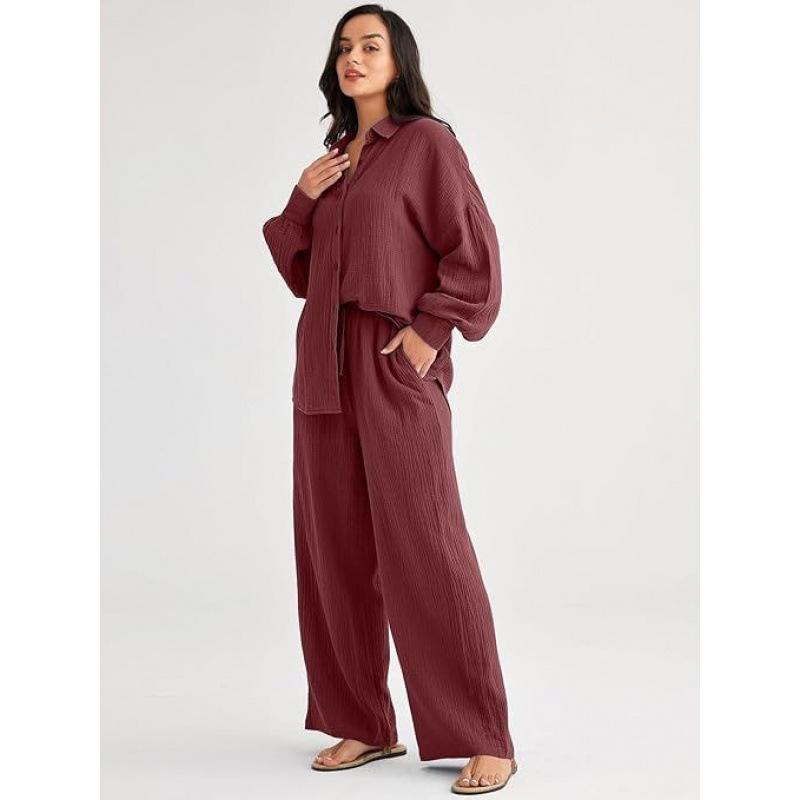 Large Quantity In Stock 2026 Cross-Border Amazon New Fashion Set Loose Casual Top Wide-Leg Pants Two-Piece Set For Women