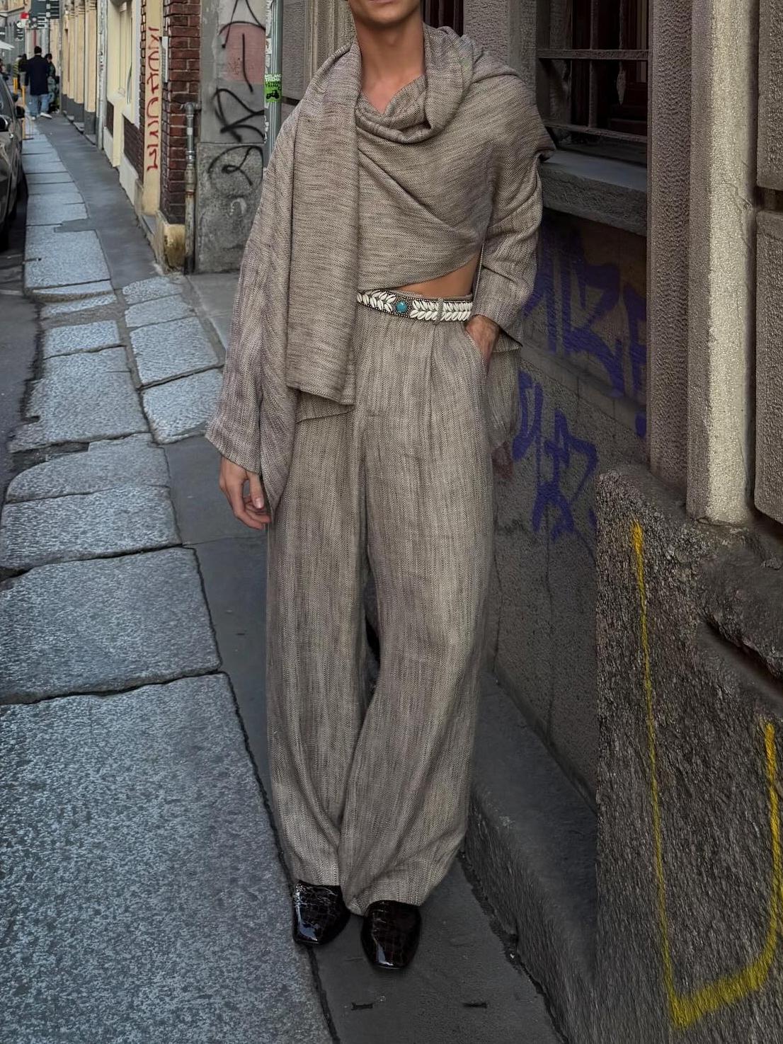 Men's Khaki Linen Blend 2-Piece Set - Draped Wrap Top & Super Wide Leg Pants