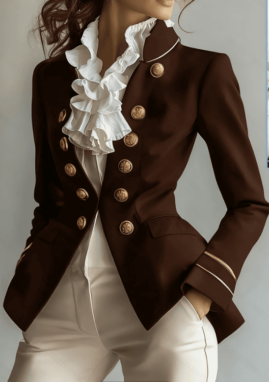 Vintage Court-style Burgundy Blazer For Women, With Gold Embossed Double-breasted Buttons, Ruffled Collar, Waist-cinching, Elegant Fitted Blazer