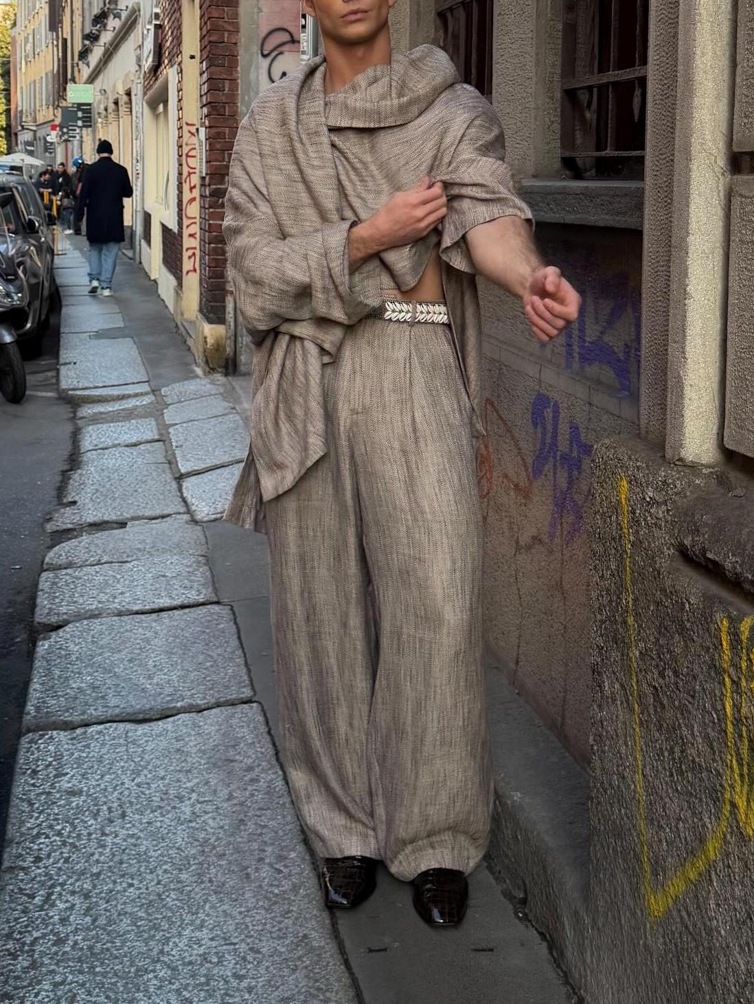 Men's Khaki Linen Blend 2-Piece Set - Draped Wrap Top & Super Wide Leg Pants