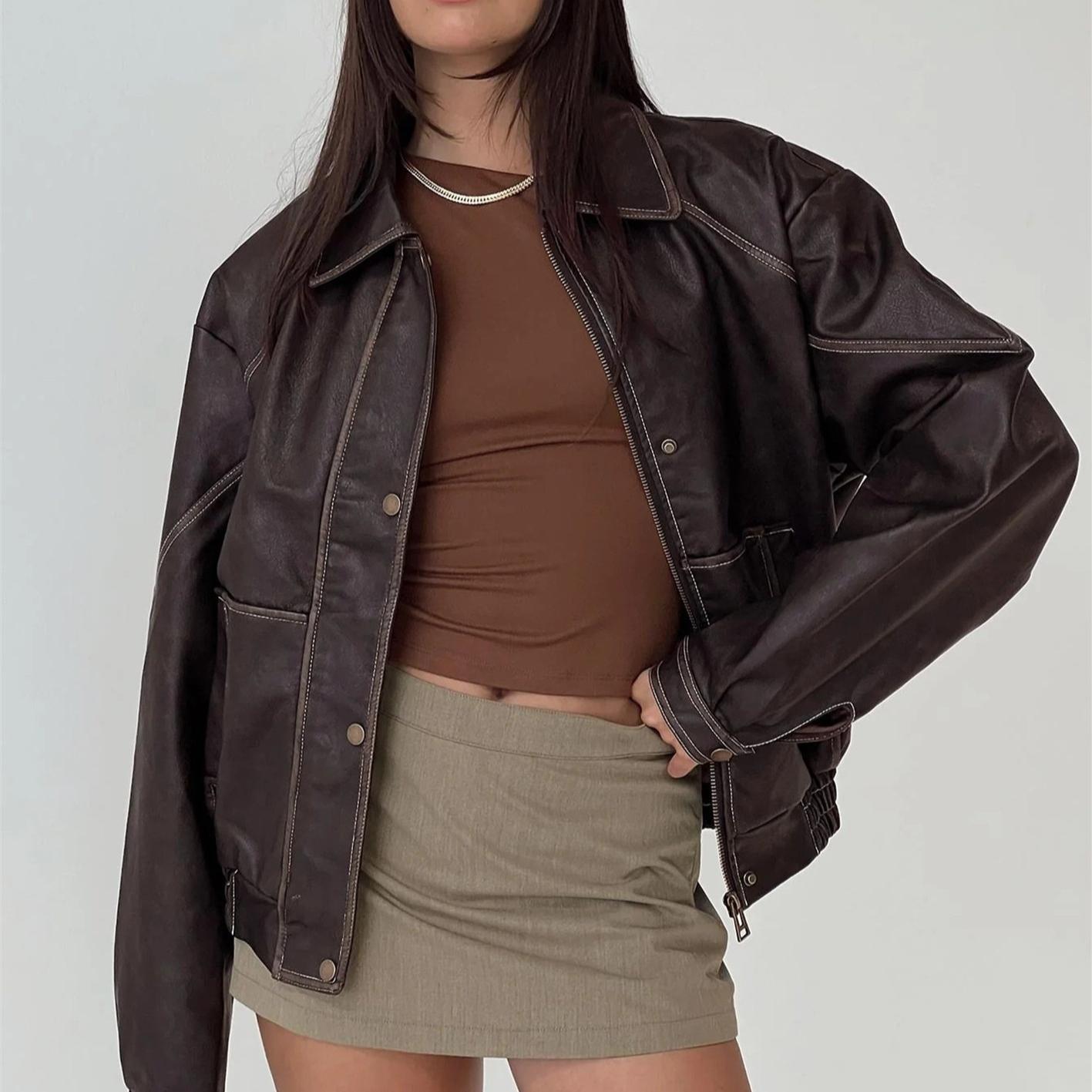 Independent-site Brown Leather Jacket For Women