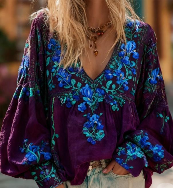 Floral Embroidery Casual V-neck Puff Sleeve Top