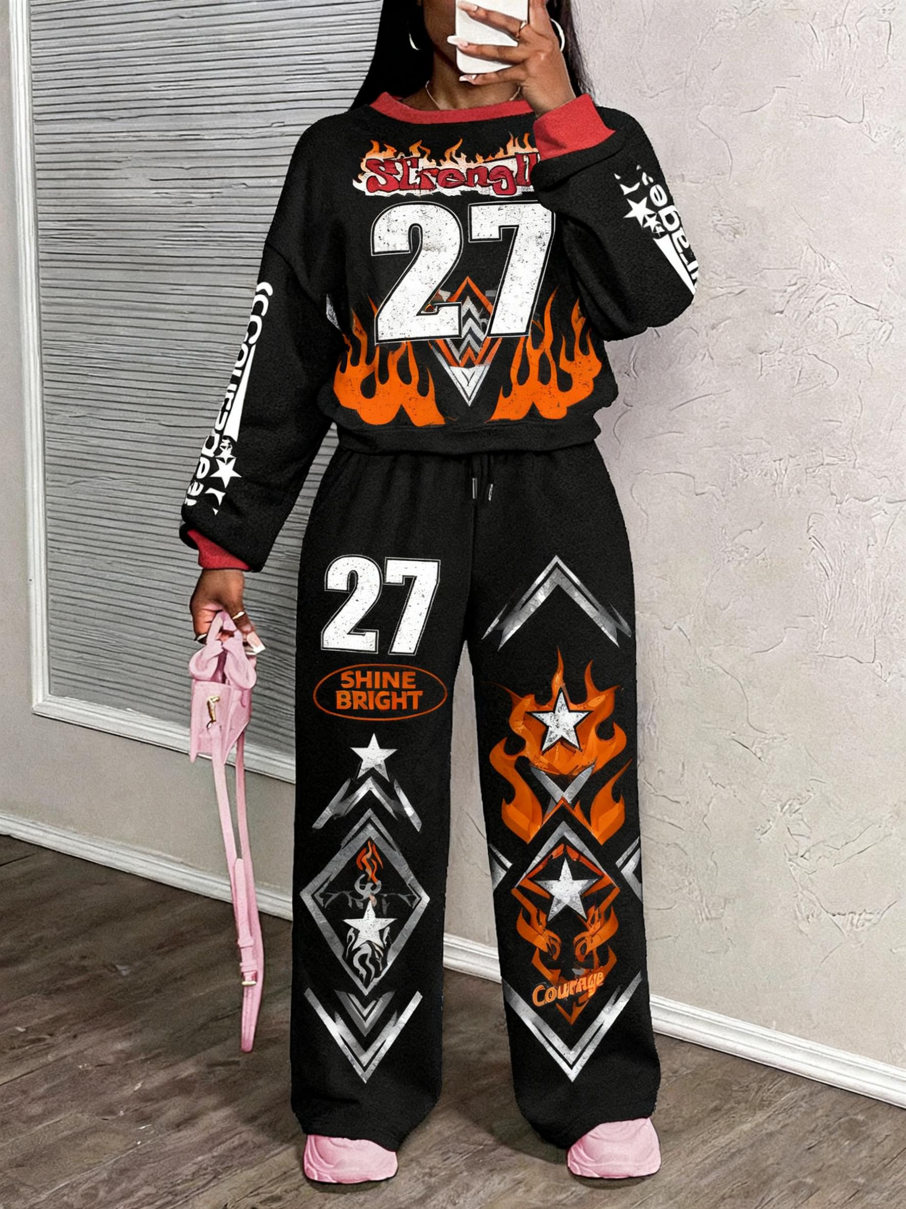 Fashionable And Versatile Street Sports T-shirt  Wide-leg Pants Sportswear Set