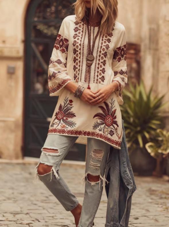 Ethnic Patterned Round Neck Bell Sleeve Casual Top