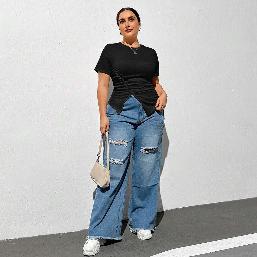 Simple Style New Round Neck Solid Color Short Sleeve Slit T-shirt