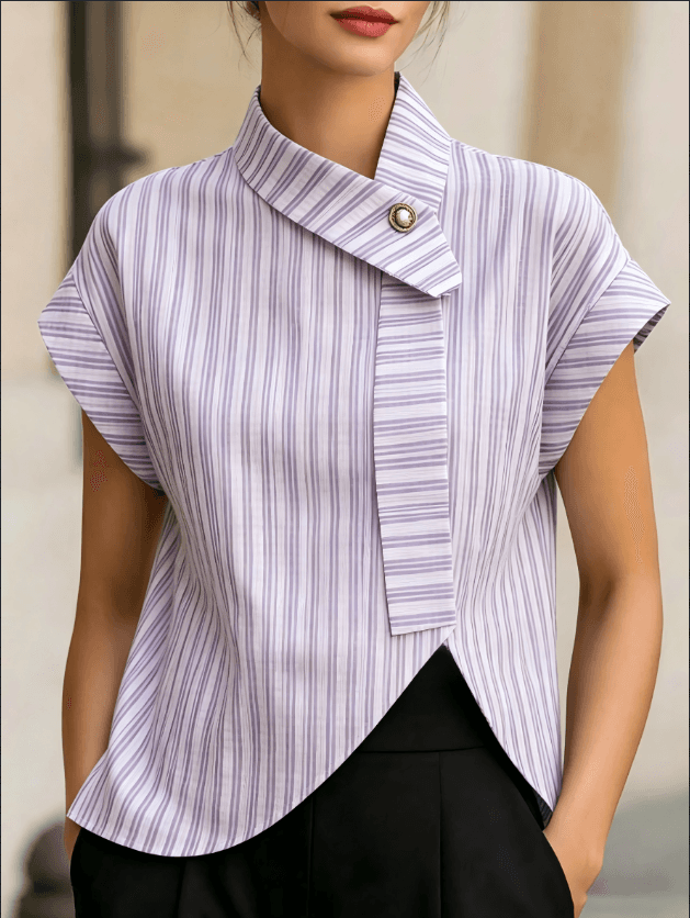 Asymmetric Collar Pearl Button Cap Sleeve Vertical Striped Blouse