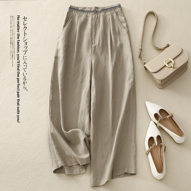 Womens Casual Cotton-Linen Artistic Wide-Leg Pants