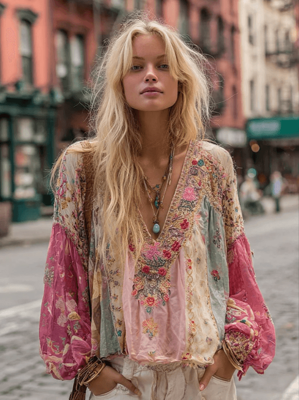 Elegant Retro Print Patchwork Long-sleeved Shirt
