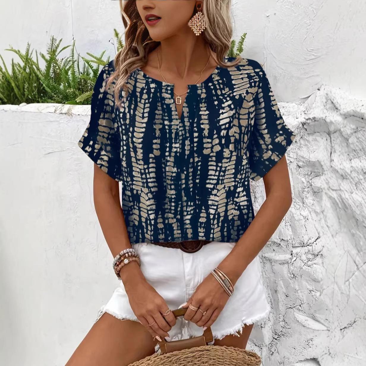 Women's V-Neck Loose Fit Printed Short Sleeve Shirt - Casual European American Style Top