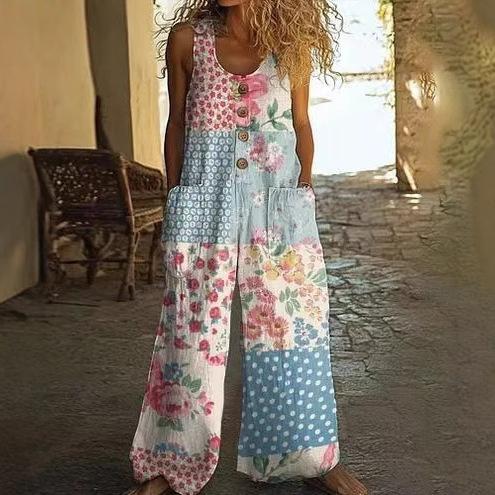 3D Digital Printing Women's Vest With Pocket Floral Jumpsuit