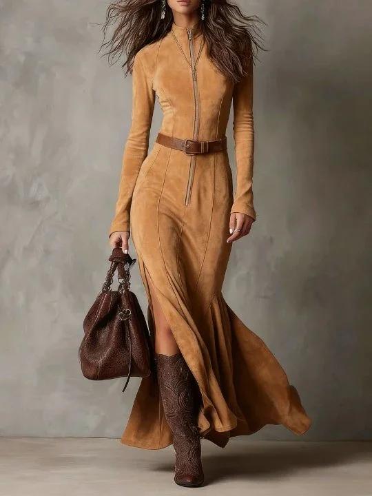 Slim Zipper Dress Elegant Temperament Split Long-sleeved Dresses Cowboy Fashion Retro Women's Clothing
