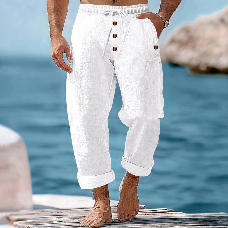 Cross-border Amazon Independent Station Cotton Linen Loose Drawstring Button Casual Trousers