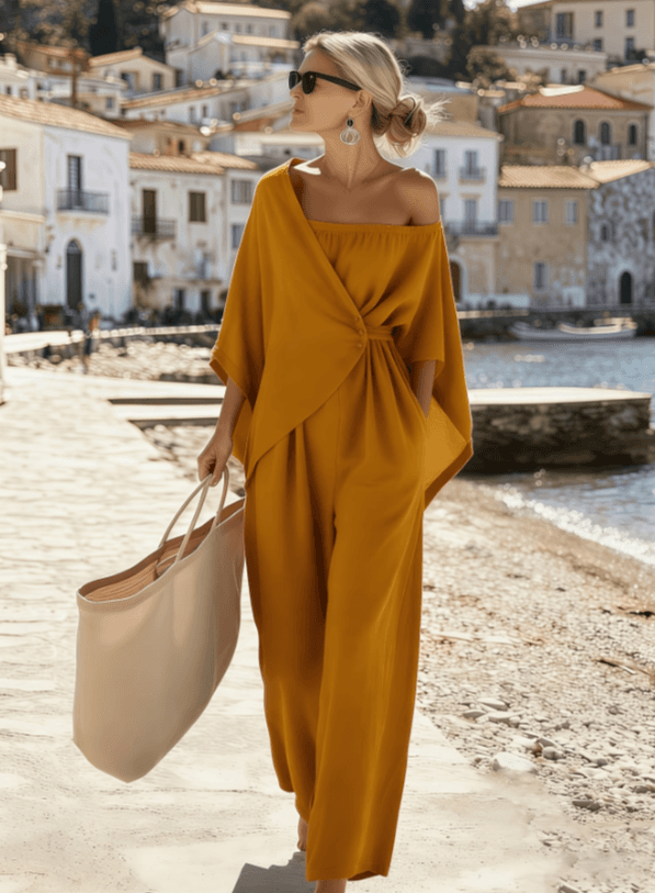 Slanted Shoulder, Exposed Waist, Cinched Waist, Wide Leg Jumpsuit