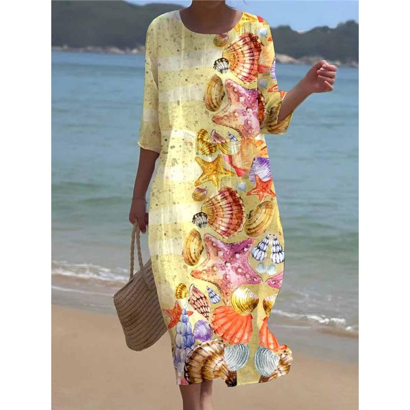 Women's Loose Casual Floral Pattern Cropped Long Sleeves Dress