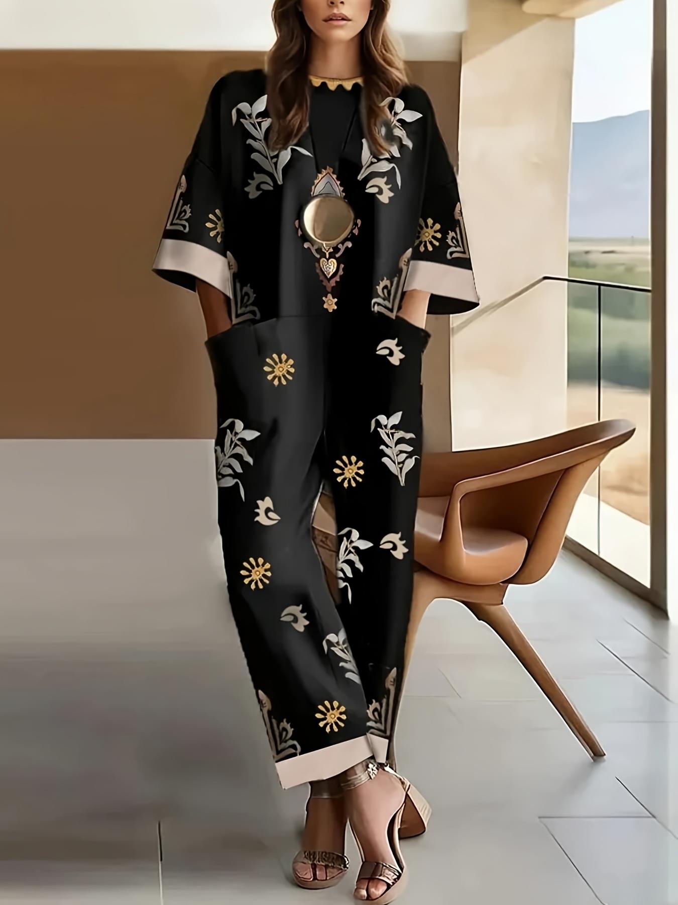 Women's Short-sleeve Long Casual Jumpsuit With A Round Neck And Wide-leg Fit