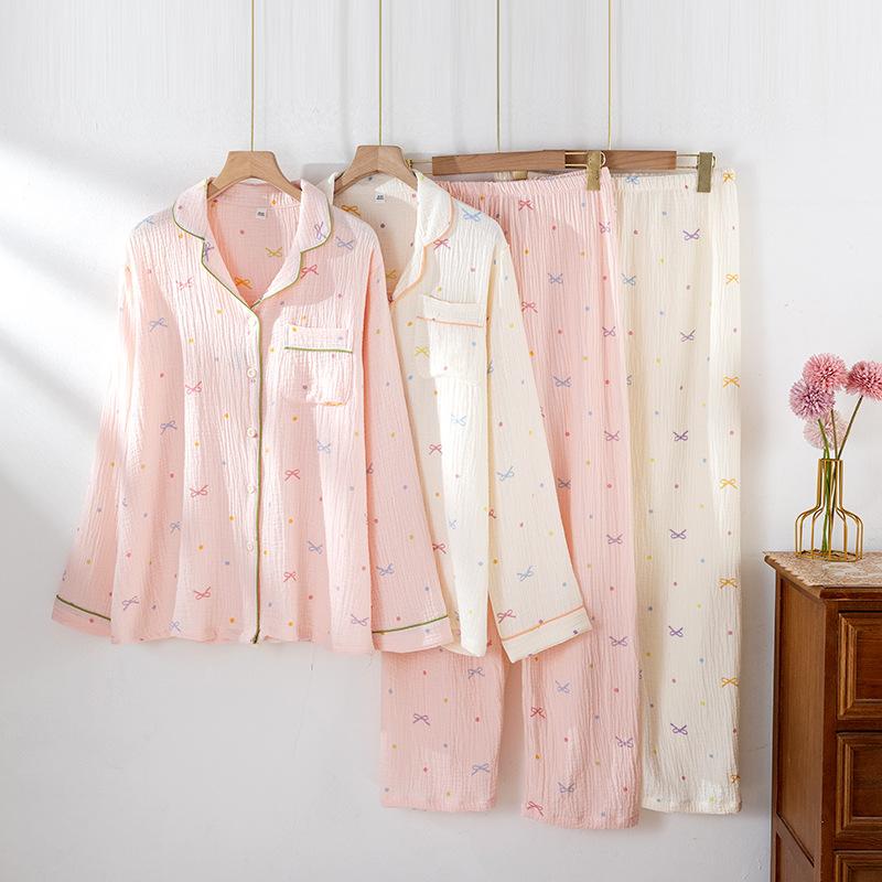 Women's Cotton Pajamas Crepe Cotton Cloth Thin Long-sleeved Homewear Suit