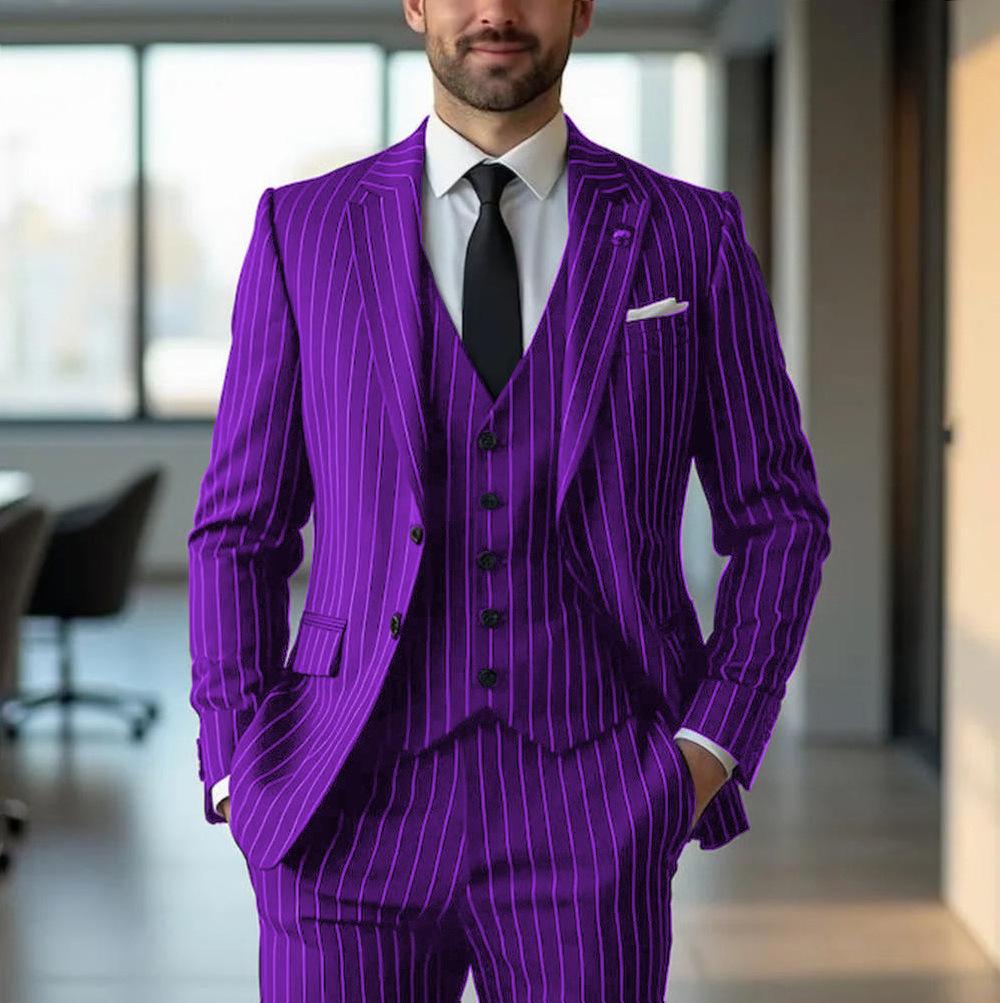 Black Vertical-Stripe Mens Formal Suit Three-Piece Set