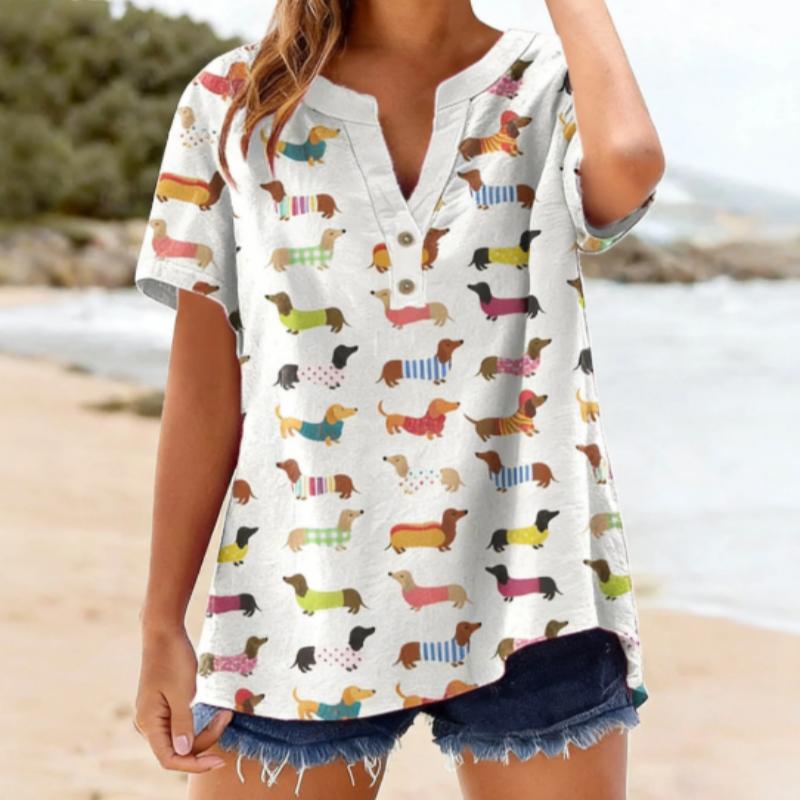 Colorful Dachshund Print V-Neck Short Sleeve Henley Blouse